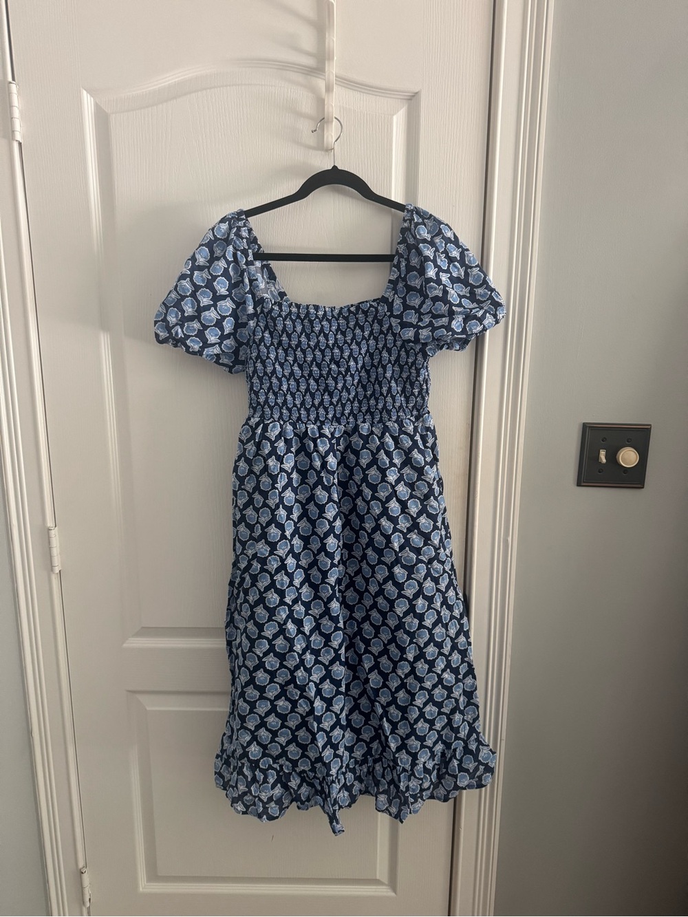 J. Crew Navy and Light Blue Floral Smocked Midi Dress with Puff Sleeves